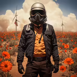a man is standing in a poppy field with wind mills behind him