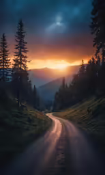 a dirt road passing through the forest during the sun