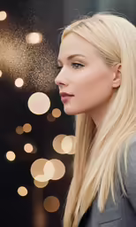 a woman standing in front of blurry lights