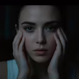 woman posing in dark with one hand on her face
