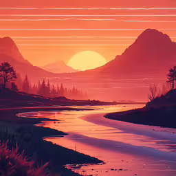 the sun is setting in the distance over a mountain range,a river with a mountain view and the sun setting