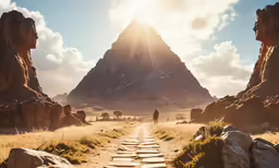 a person walking down the path through the mountains
