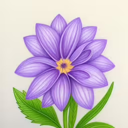 purple flower on white sheet with green leaves,a drawing of a purple flower on a white paper,an oil painting of a purple flower with green leaves,a painting of a purple flower with green leaves,drawing flowers on a sheet of paper with colored pencils