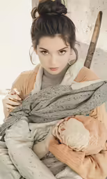 the girl with big blue eyes is holding onto her blanket
