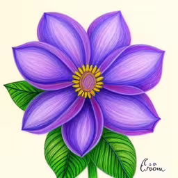this drawing of a purple flower has leaves on it,a large purple flower with green leaves,the colorful drawing shows a purple flower with green leaves,a close up of a flower on a white background,a purple flower on a white background