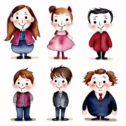 various drawings of children and their parents,the little kids are dressed in different clothes