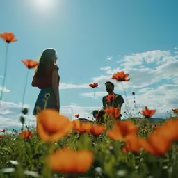 the man is watching the woman and she is sitting in the grass