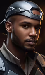 a man with a futuristic helmet posing for the camera