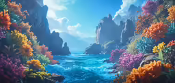 the mountains are covered with flowers as they stand at the edge of a river