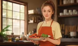 the young woman holds her plate of food