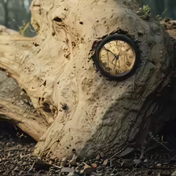 a clock is embedded in the bark of a fallen tree