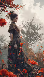 a woman standing in the middle of red flowers