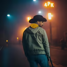 a man with his back turned at night in the rain, carrying an umbrella