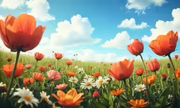 the field is full of orange and white flowers