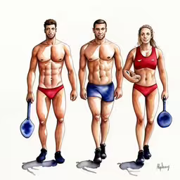 three men are wearing swimming trunks and swimsuits,a couple of men in red and blue boxers,three nude people dressed in bathing suits one in bikini and the other in swim trunks,a couple of people wearing underwear and swimming trunks,the three men in their underwear are holding paddles