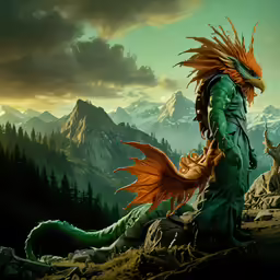 a painting of a woman with a dragon tail in front of a mountainous landscape