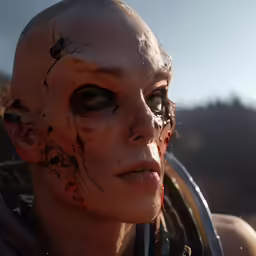 a close up shot of a young woman with a weird mask
