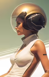 a woman is standing with her back to the camera while wearing a helmet