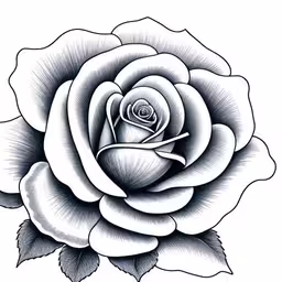 the black and white drawing of a rose,black and white ink drawing of a rose,a drawing of a flower with leaves and petals,a black and white rose tattoo design,a rose that is drawn with the technique of drawing