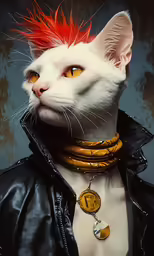 a white cat with orange and red hair in a jacket