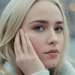 a young blond woman posing with her hands on her face