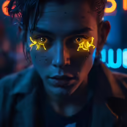 a woman wearing yellow eyeliners with a neon glow on her face