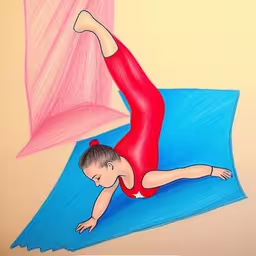 a drawing of a person in a red dress is seen in this image,a drawing of a person in red on a blue mat