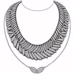 a drawing of the necklace in silver and white,a sketch of a statement necklace on a mannequin,the drawing of the silver necklace,an illustration of a necklace with leaves,the drawing of an elaborate necklace is shown on the chest