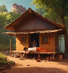 a woman sleeps in the doorway of a house while another rests on a bench,a girl laying on a bench in a small house