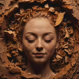 a beautiful blond woman with eyes closed sleeping in leaves on her head