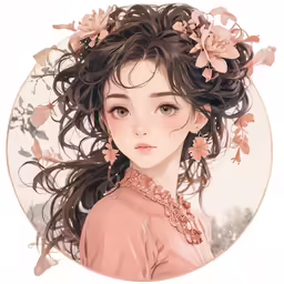 a cartoon of a girl with long brown hair and flowers on her hair