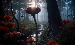 an open forest, with trees and flowers in it