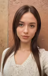 a girl with long brown hair posing in front of a wall
