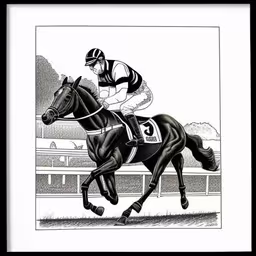a drawing of a jockey on a racing horse,a jockey riding on the back of a black horse