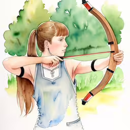 an illustration of a girl in a tank top aiming a bow,a woman holding a bow and arrow next to trees