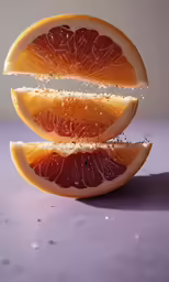 one orange slice is sliced into equal segments and has white sprinkles on top