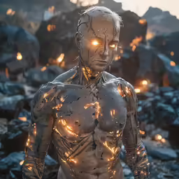 a man with glowing eyes in a costume
