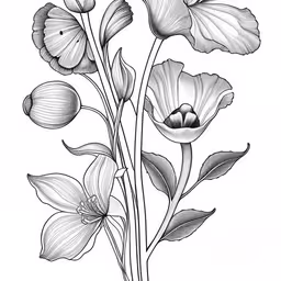 a bunch of flowers that are in a vase,black and white drawing of two flowers