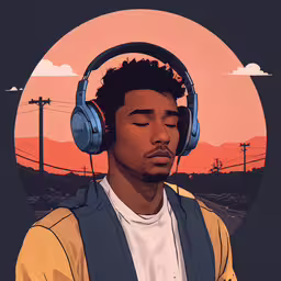 a man with headphones is looking down,a man with headphones is wearing a yellow shirt