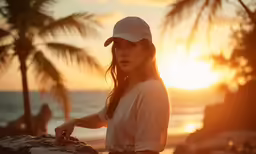 woman with white cap standing on rocks with sunset in the background