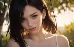 a young woman with bangs wearing a white dress