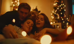 a group of people laying in front of candles