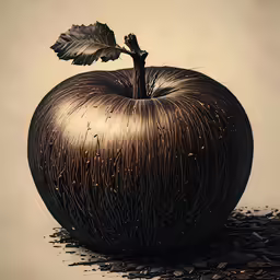 an apple sitting on the ground near a leaf