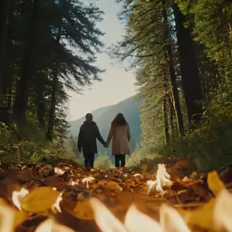 a couple standing in the woods holding hands