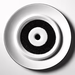 a black and white circular object sitting on top of a plate