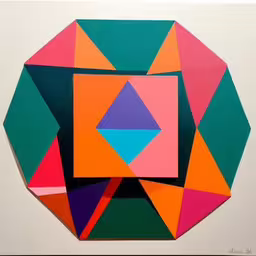 a geometric painting with abstract shapes in the middle,this is a piece of art showing an abstract figure,this colorful art work shows a square of colored squares,a painting with geometric design in a white frame,the artwork is colorfully decorated with geometric shapes