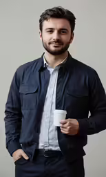 a man with a beard is holding a coffee cup
