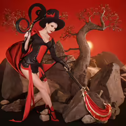 a woman in a costume with horns and holding a broom