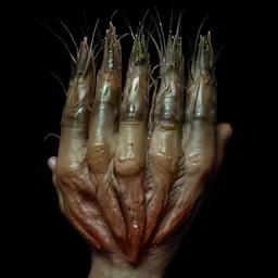 a person with large and sharp claws holding their hand together