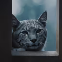 a photograph of a tiger cat looking out of a window